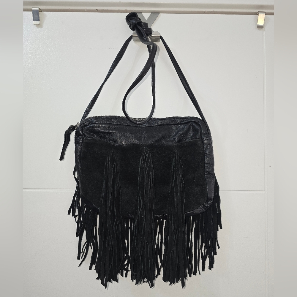 Bershka Black Fringe Crossbody Leather Bag